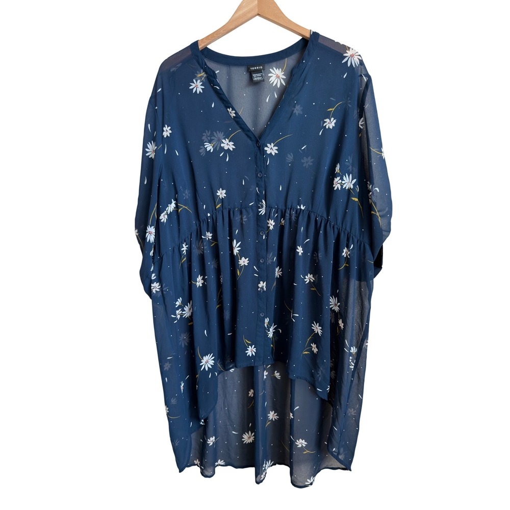 Torrid Daisy Floral Chiffon Hi Low Tunic Blouse 3X Navy Sheer Button Front